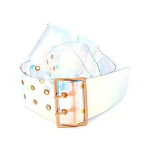 Holographic Transparent PVC Belt Wide Width Gold Double Grommets Size OS